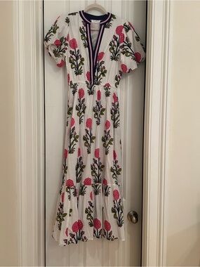 THML White Maxi Dress with Pink Floral Print and Navy Trim